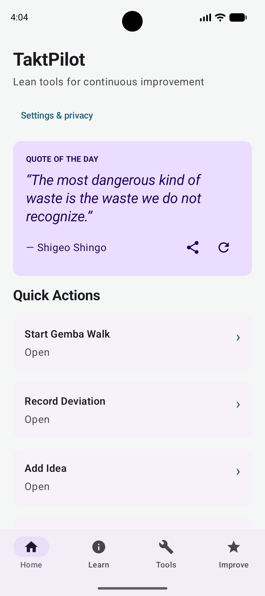 TaktPilot app showing Gemba walks, deviations and improvement ideas